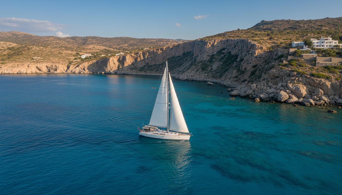 Rhodos Tipps: Segelyacht vor türkisener Küste Segelyacht bei voller Fahrt vor dramatischen Klippen und türkisfarbenem Wasser – Rhodos Tipps für Segler.