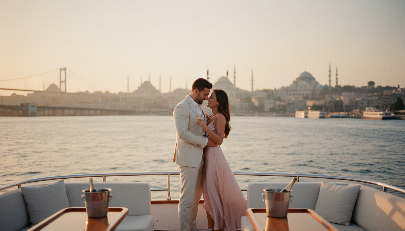 Romantische bosporus bootstour zu zweit! Paar auf Yacht genießt Champagner bei romantischer bosporus bootstour im goldenen Sonnenuntergang vor Istanbuls Silhouette