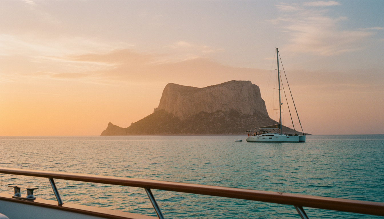 San Teodoro Sardinien – Yachtdeck bei Tavolara Sonnenuntergang vom Yachtdeck vor Tavolara: San Teodoro Sardinien, dramatische Kalkfelsen und goldenes Licht.
