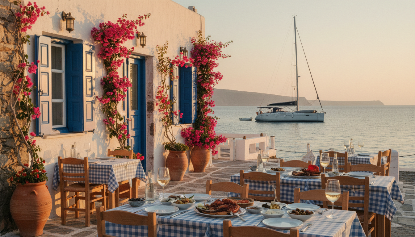 Taverne an der Santorini Caldera bei Sonnenuntergang, weiße Häuser, blaue Türen, frische Meeresfrüchte und Yacht.