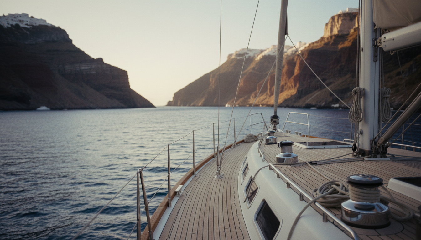Yachtdeck-Blick in die Santorini Caldera mit dramatischen Vulkanklippen, tiefblauem Wasser und Sonne die auf den Wellen funkelt.