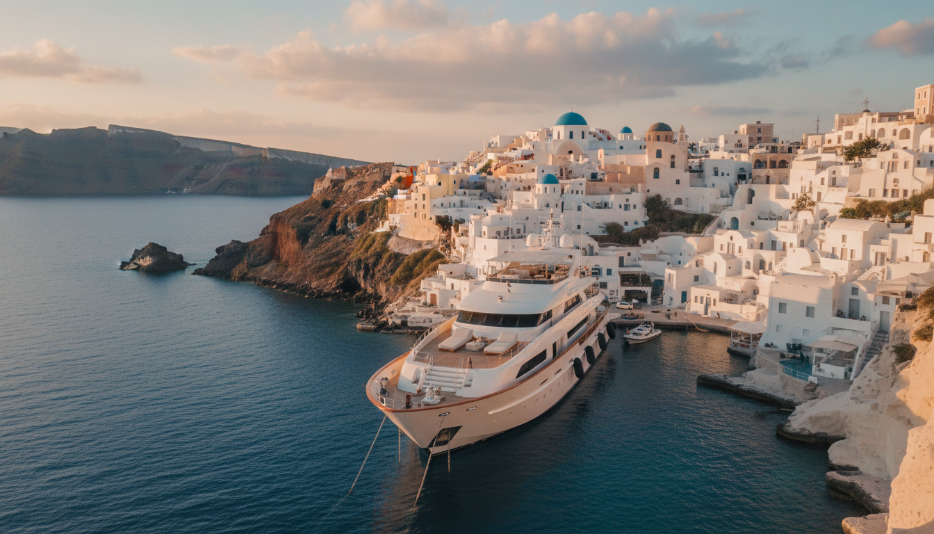Atemberaubende Luftaufnahme einer Luxusyacht in der Santorini Caldera vor weißen Klippen im goldenen Abendlicht