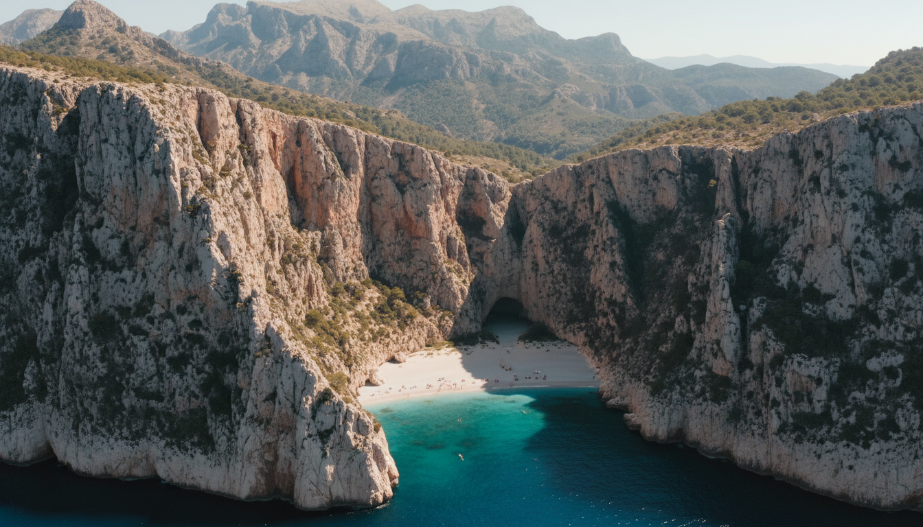 Atemberaubende Schlucht Torrent de Pareis mit 400 m hohen Kalkklippen, türkisfarbenem Wasser und Kiesstrand