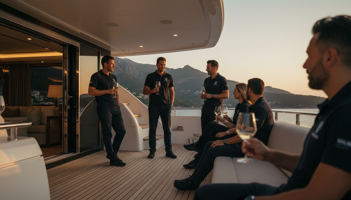 Yachtcrew entspannt im Soller Hafen bei Sonnenuntergang, mit Wein auf dem Deck, Tramuntana-Berge im Hintergrund.