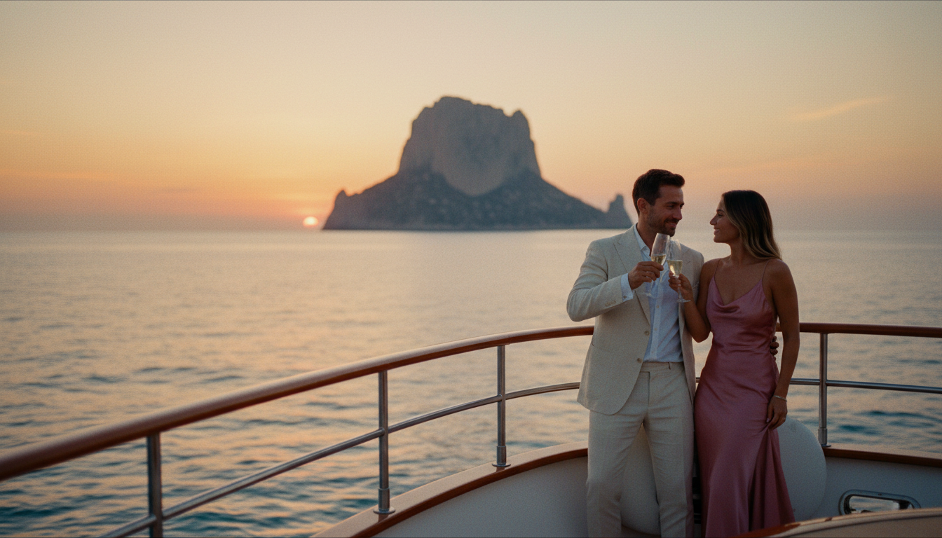 Romantischer Sonnenuntergang an Es Vedra Felsinsel Paar genießt Champagner an Bord einer Yacht bei Sonnenuntergang vor Es Vedra Felsinsel, orange-rosa Himmel.