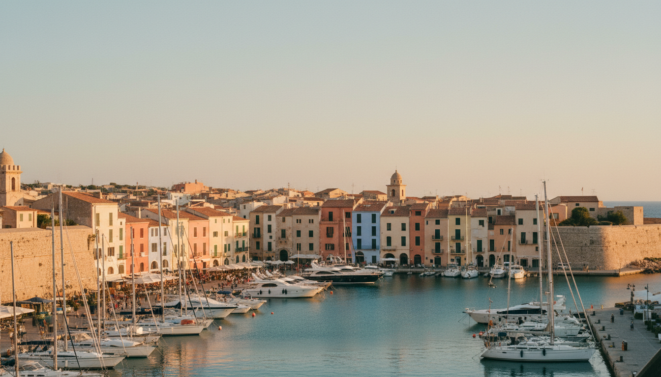 Architektur in Alghero: Historische katalanische Gebäude und terrakotta Dächer an der Marina mit Segelyachten.
