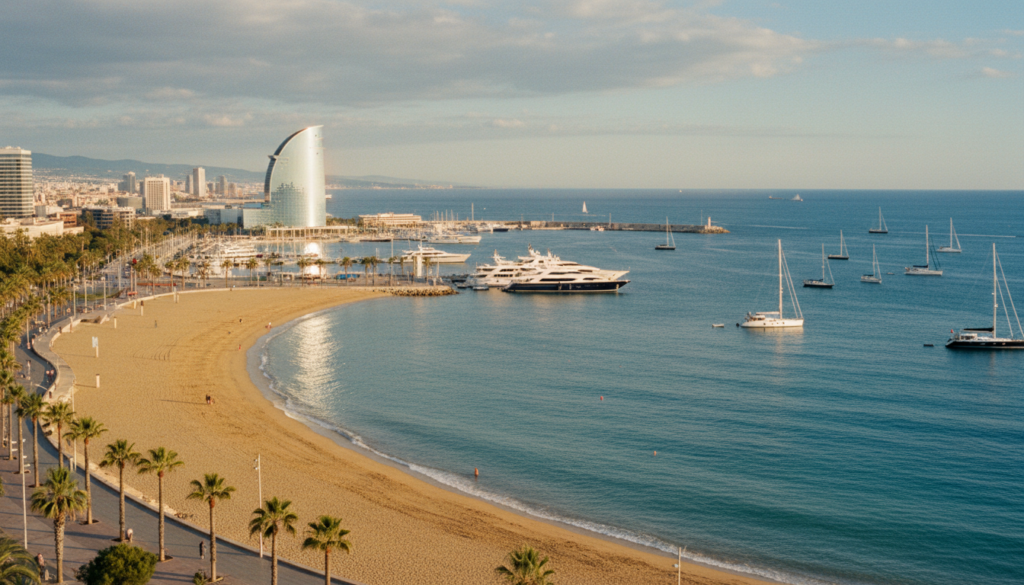 Elegante weiße Yachten vor dem Barceloneta Strand mit W Hotel, palmengesäumter Promenade und türkisblauem Meer.