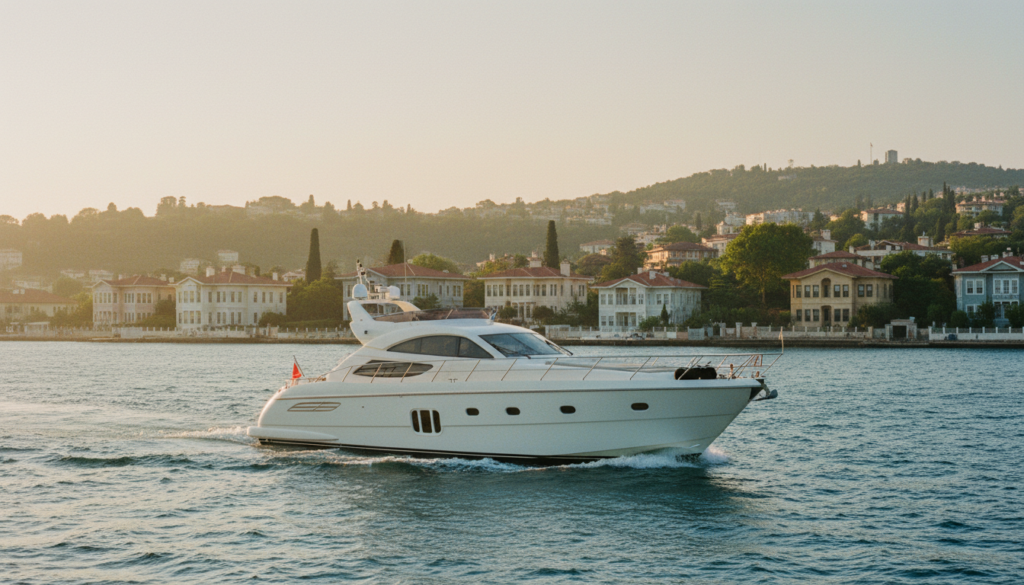Weisse Luxusyacht gleitet auf dem Bosporus vor beykoz historischen Ufervillen im warmen Goldlicht