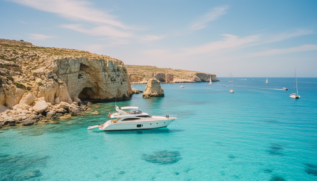 Luxusyacht ankert in kristallklarem Wasser vor dramatischen Klippen in blue lagoon comino