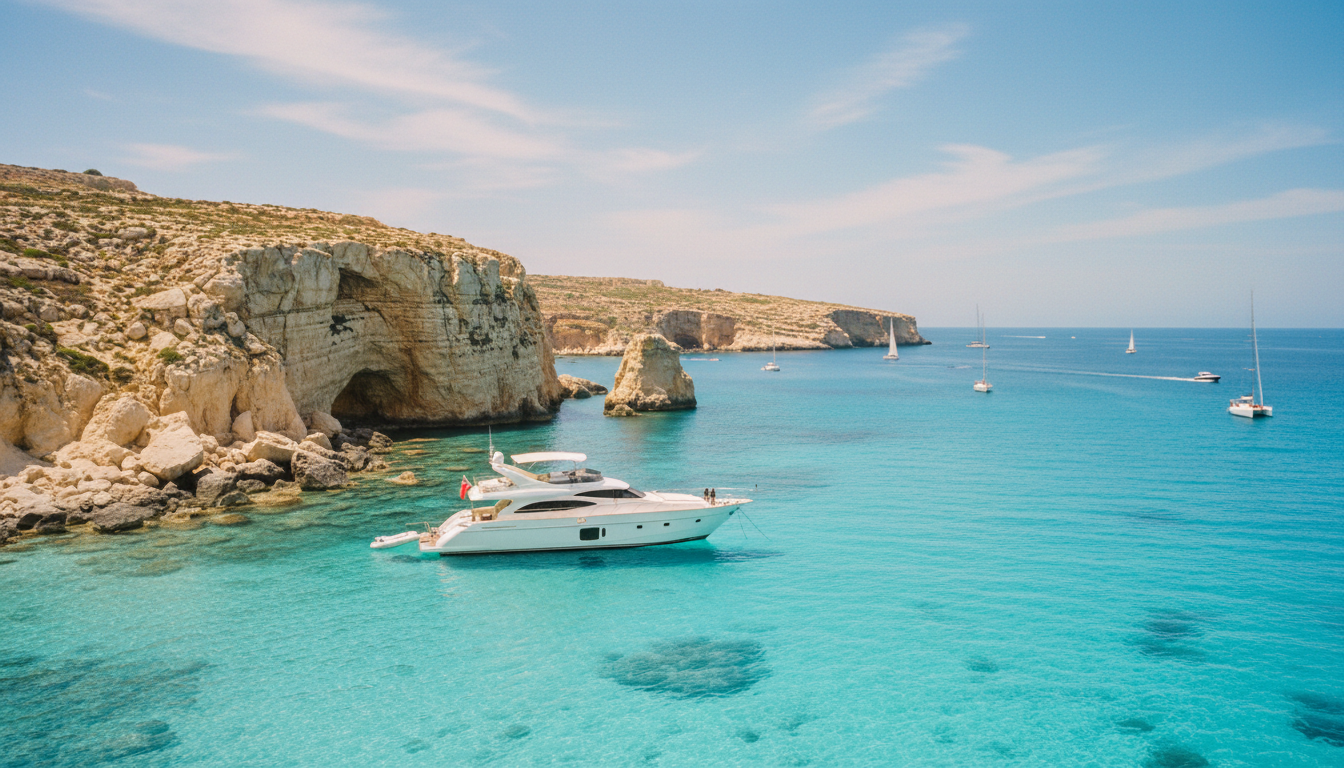 Luxusyacht ankert in kristallklarem Wasser vor dramatischen Klippen in blue lagoon comino