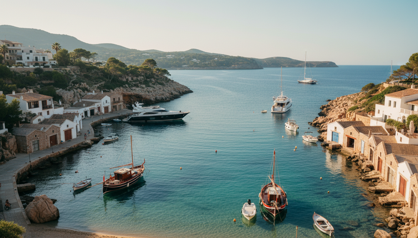 Cala Figuera Fischerhafen mit traditionellen Booten und Yachten in türkisblauem Wasser, goldenes Nachmittagslicht