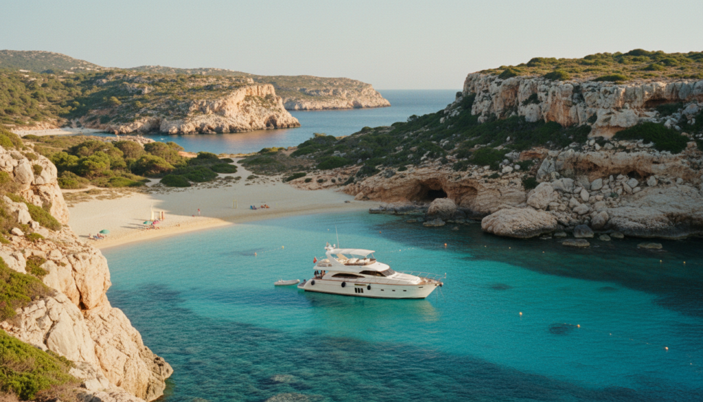 Luxusboot ankert in cala saladeta, kristallklares türkis, felsige Klippen und Sandstrand