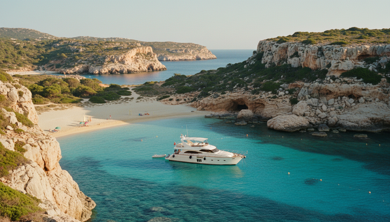 Luxusboot ankert in cala saladeta, kristallklares türkis, felsige Klippen und Sandstrand