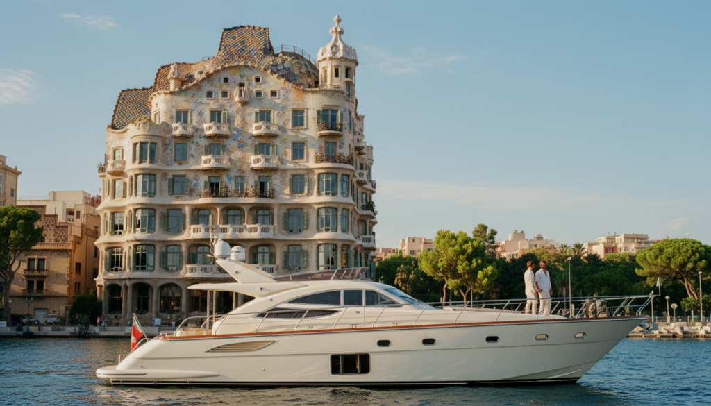 Casa Battló mit farbenreicher Mosaikfassade, im Vordergrund eine Luxusyacht im warmen spanischen Sonnenlicht