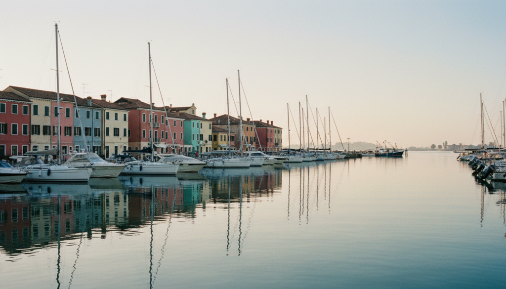 Yachten und Segelboote im Hafen von Chioggia, pastellfarbene Fischerhäuser und ruhige Spiegelungen im Morgenlicht