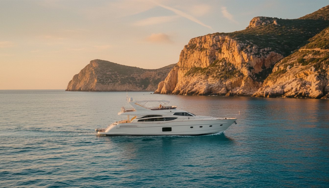 Elba Bootstour: Weiße Luxusyacht segelt in türkisfarbener Bucht mit felsiger Küste bei Sonnenuntergang.