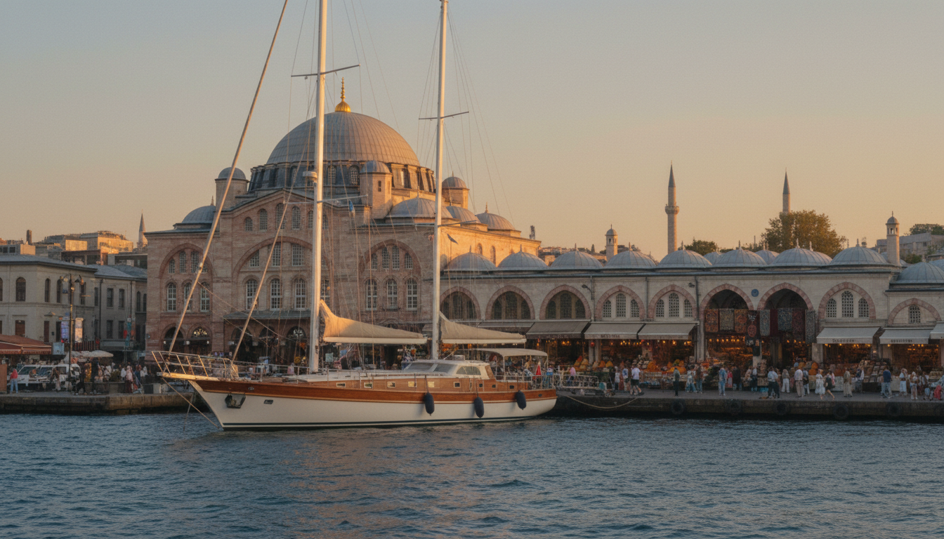 Luxusyacht im Vordergrund, Gewürzbasar Istanbul mit bunten Ständen, historischen Kuppeln und Bosphorus im warmen Abendlicht.