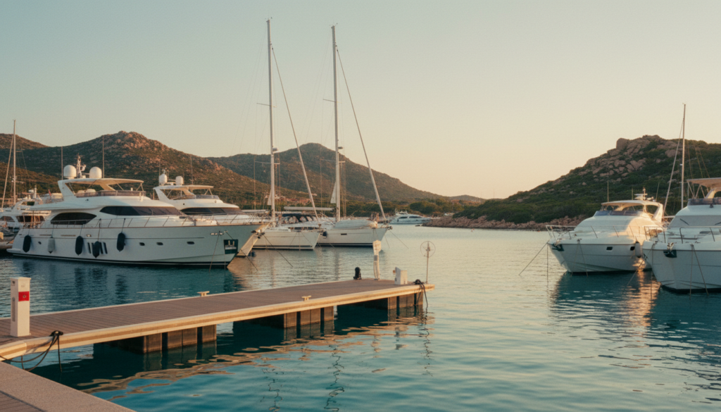 Luxusjachten und Segelboote in Golfo Aranci Marina, kristallklares türkisblaues Wasser, felsige Küste im goldenen Abendlicht
