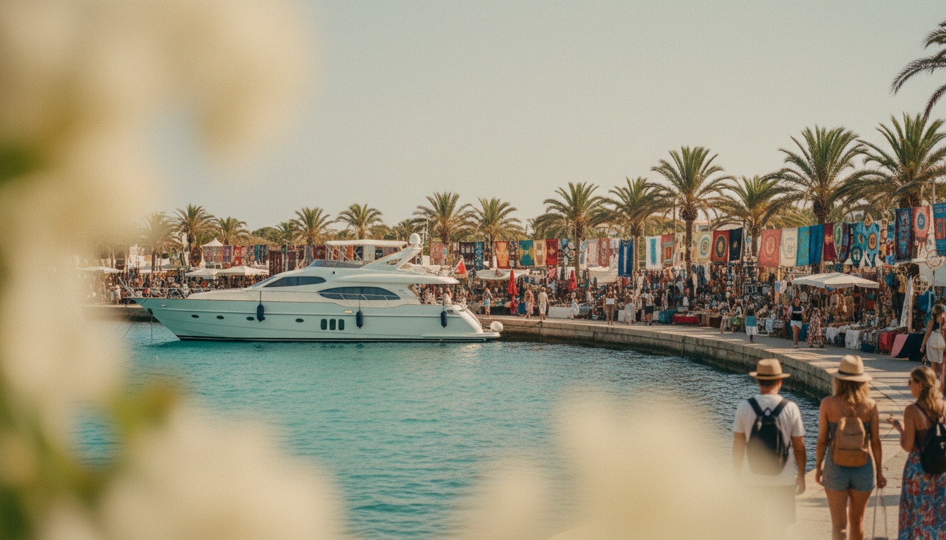 Weisse Luxusyacht im Vordergrund, dahinter bunter Hippiemarkt Es Canar am tuerkisfarbenen Mittelmeerstrand