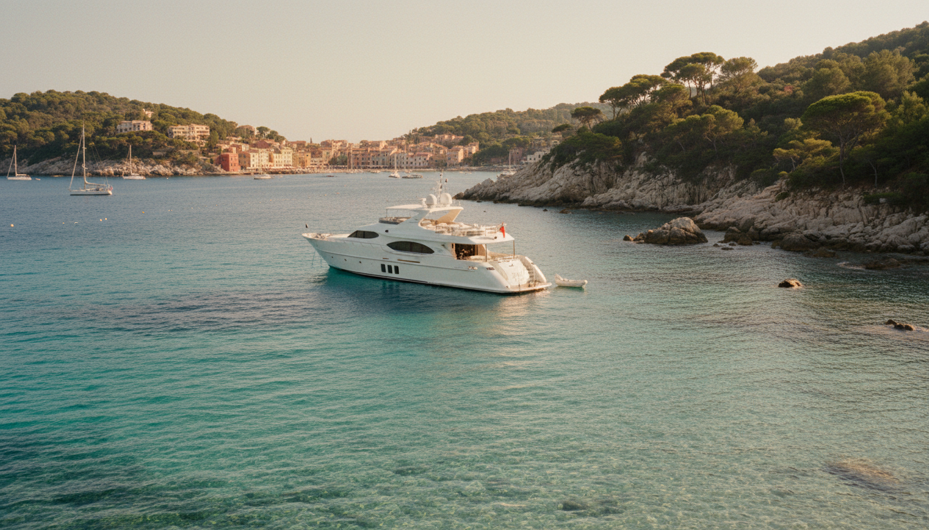 Weisse Yacht ankert in tuerkisfarbener Bucht vor insel elba, felsige Kueste mit Pinien, buntem Hafen und warmem Goldlicht