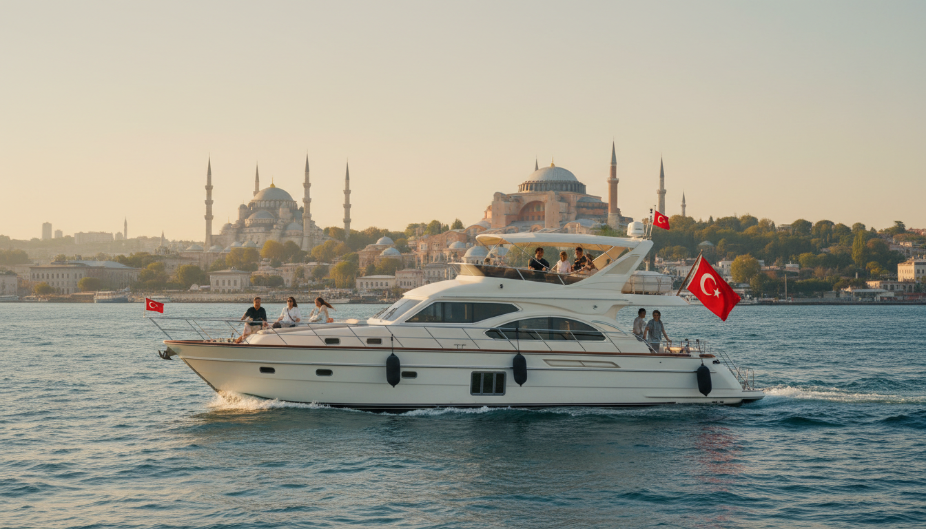 Luxusyacht auf dem Bosporus vor Hagia Sophia und Blauer Moschee, Touristen an Deck — ideal für istanbul tourist pass Nutzer.