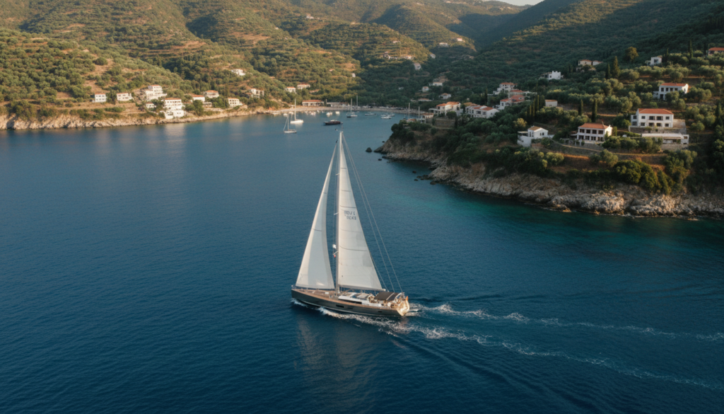 Korfu yacht: Luxussegelyacht vor türkisblauem ionischen Meer, grüne Hügel, traditionelle Häuser, goldene Stunde