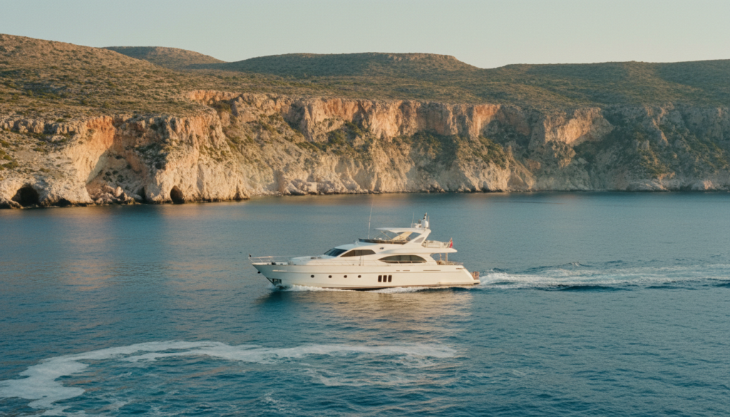 Weiße Luxusyacht segelt vor Kretas zerklüfteter Küste in türkisblauem Meer – perfekt für kreta urlaub.