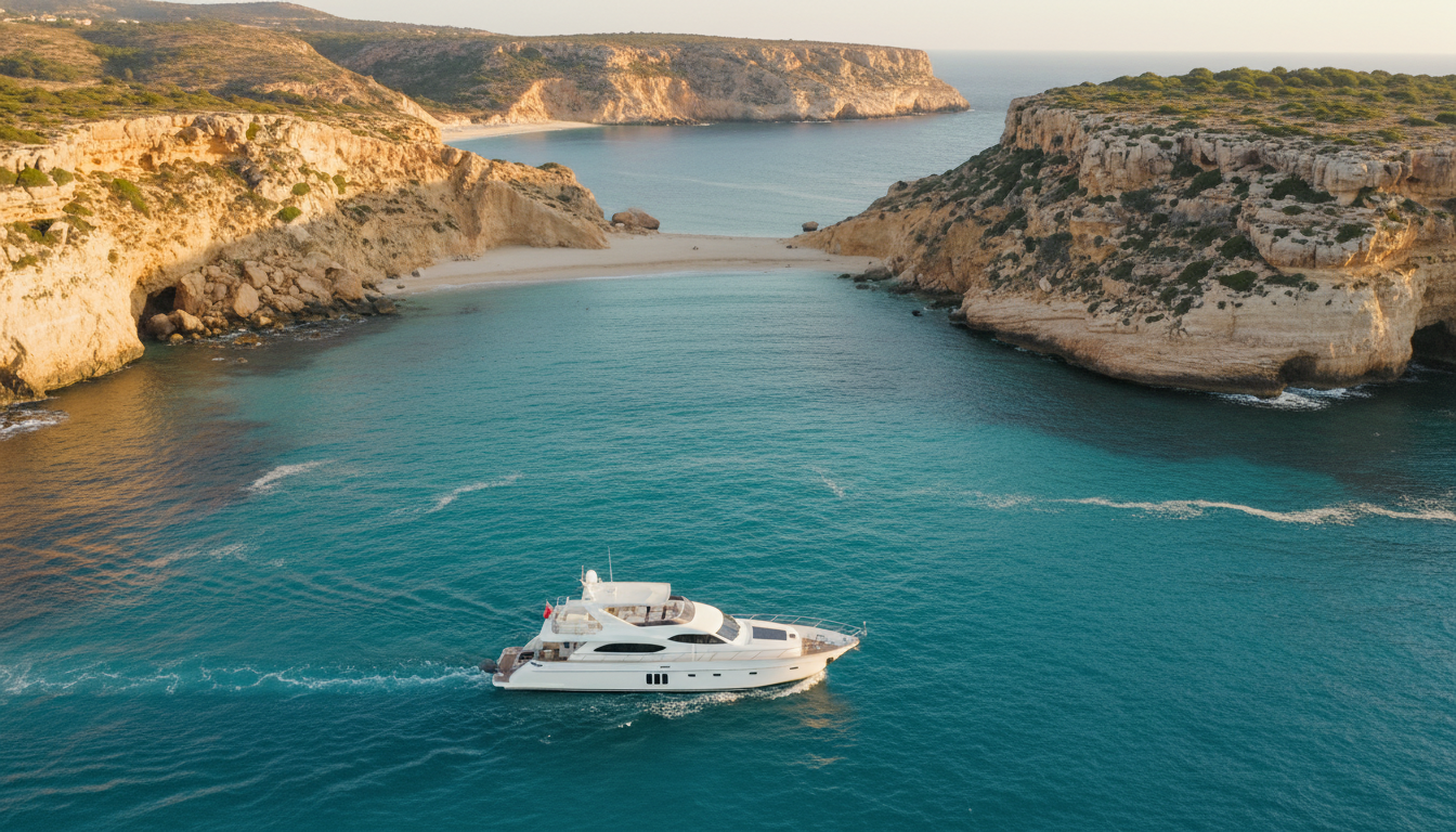 Weisse Luxusyacht segelt bei Sonnenuntergang an Ibizas goldenen Klippen mit tuerkisener Bucht – kurztrip ibiza