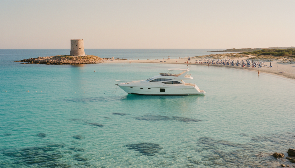 Weiße Luxusyacht vor türkisfarbener La Pelosa mit Torre della Pelosa, flachem Sandgrund und warmer Abendstimmung.