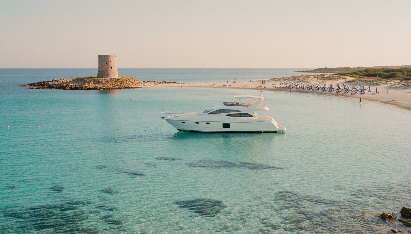 Weiße Luxusyacht vor türkisfarbener La Pelosa mit Torre della Pelosa, flachem Sandgrund und warmer Abendstimmung.