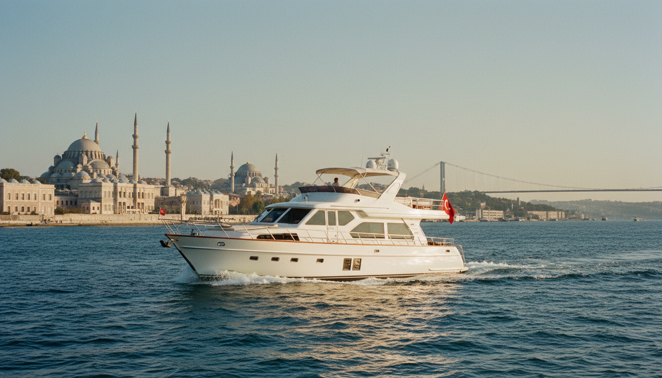 Luxus-Yacht auf bosporus bootstour vor Istanbuls Moscheen, goldenes Abendlicht, türkische Flagge, ruhiges blaues Wasser.