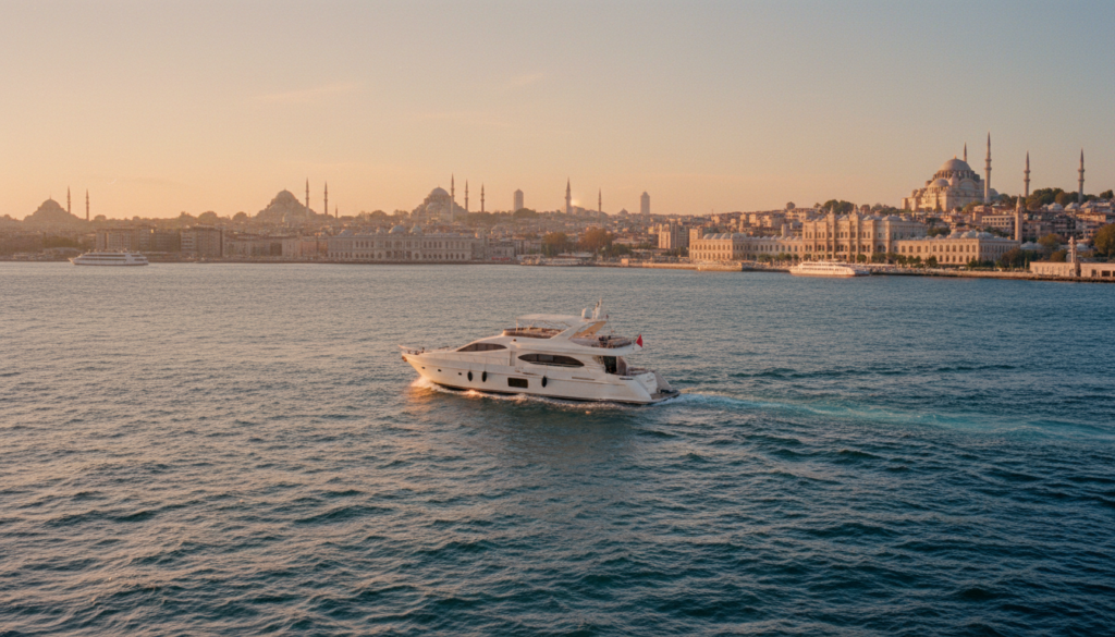 Weiße Luxusyacht kreuzt den Bosporus vor der Skyline Istanbuls mit historischen Moscheen, warmes Abendlicht.