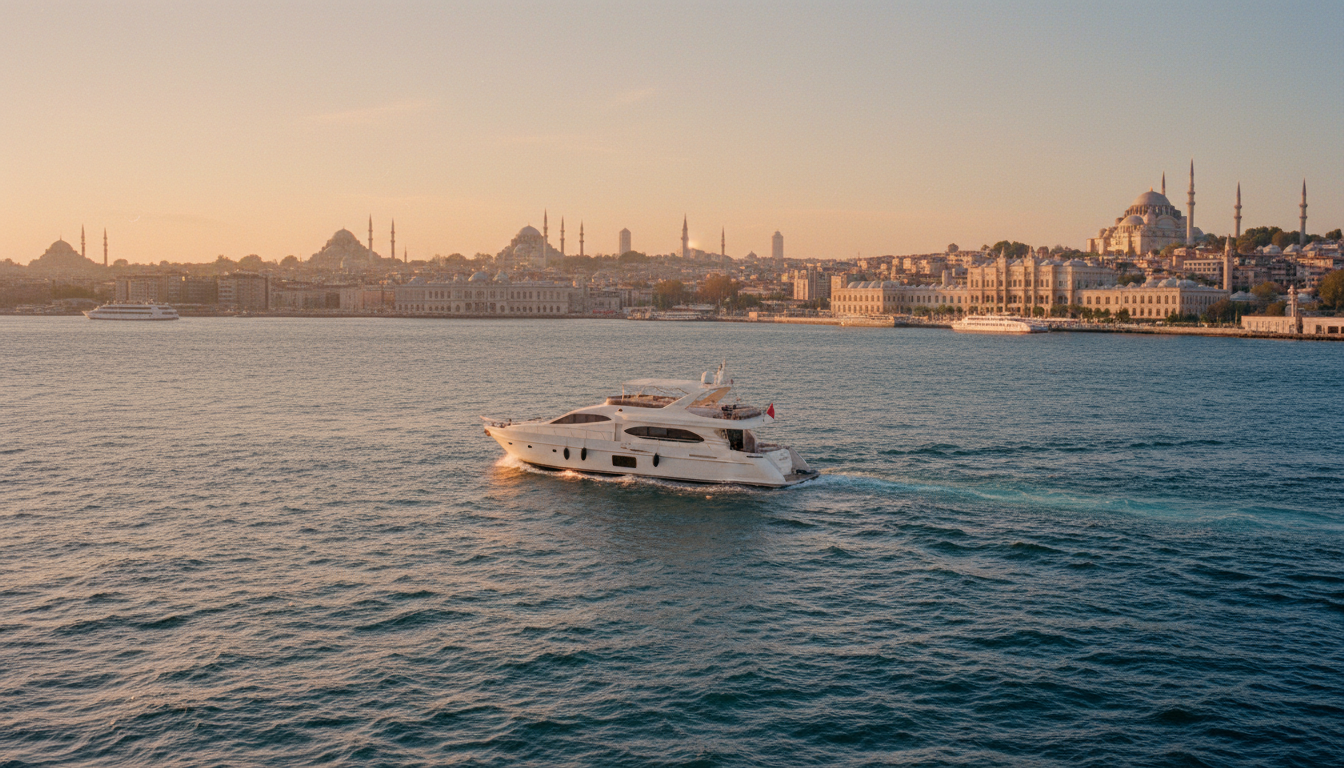 Weiße Luxusyacht kreuzt den Bosporus vor der Skyline Istanbuls mit historischen Moscheen, warmes Abendlicht.