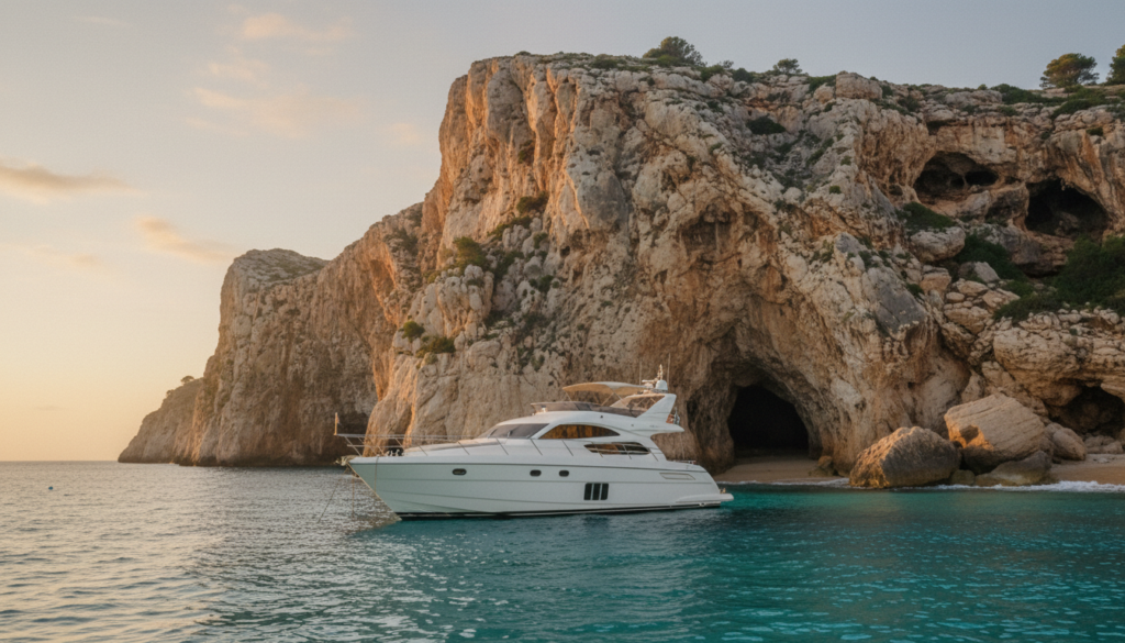 Weiße Luxusyacht ankert vor den Kalkfelsen bei coves del drac, türkisfarbenes Meer im goldenen Licht.
