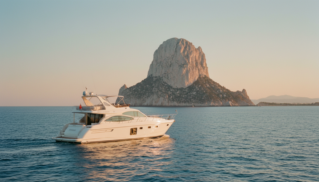 Weiße Luxusyacht segelt bei goldenem Abendlicht vor der markanten es vedra felsinsel an Ibizas Küste