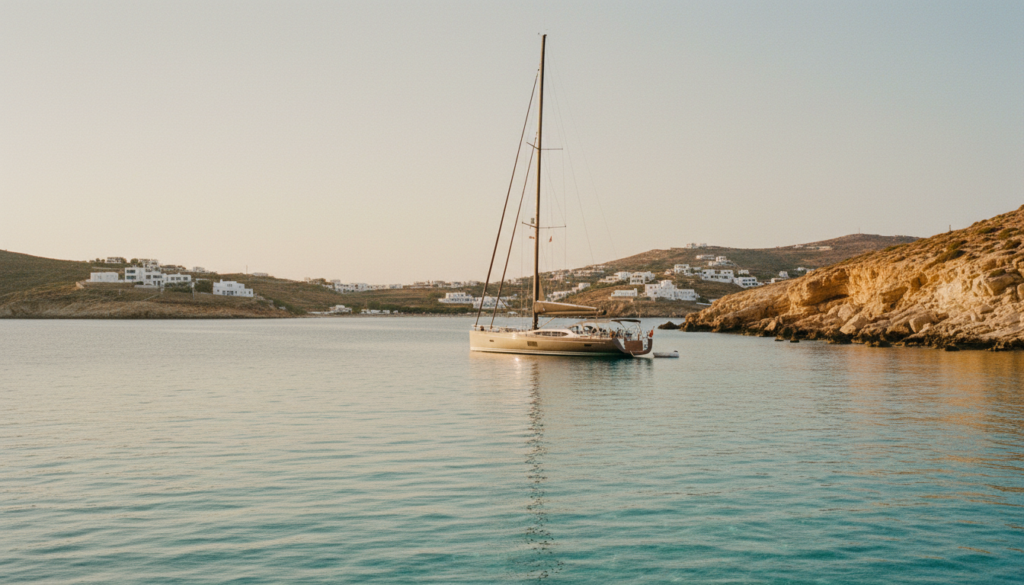Luxusyacht ankert in kristallklarem Wasser vor Insel Naxos mit weißen Kykladenhäusern und goldenen Klippen