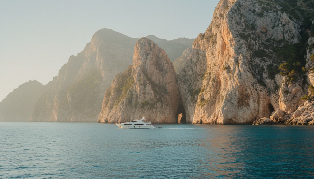 Luxusyacht segelt auf türkisfarbenem Wasser zur schlucht torrent de pareis, steile Kalkklippen im warmen Goldlicht