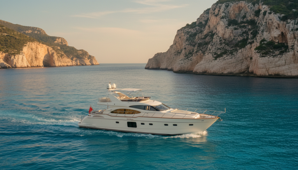 Mallorca Bootstour mit weißer Luxusyacht vor türkisblauem Wasser, dramatischen Kalkklippen und versteckten Buchten