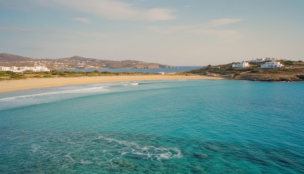 Luxusyacht vor türkisblauem Wasser und goldenem Strand, Cycladen-Häuser im Hintergrund — mykonos strände im warmen Abendlicht