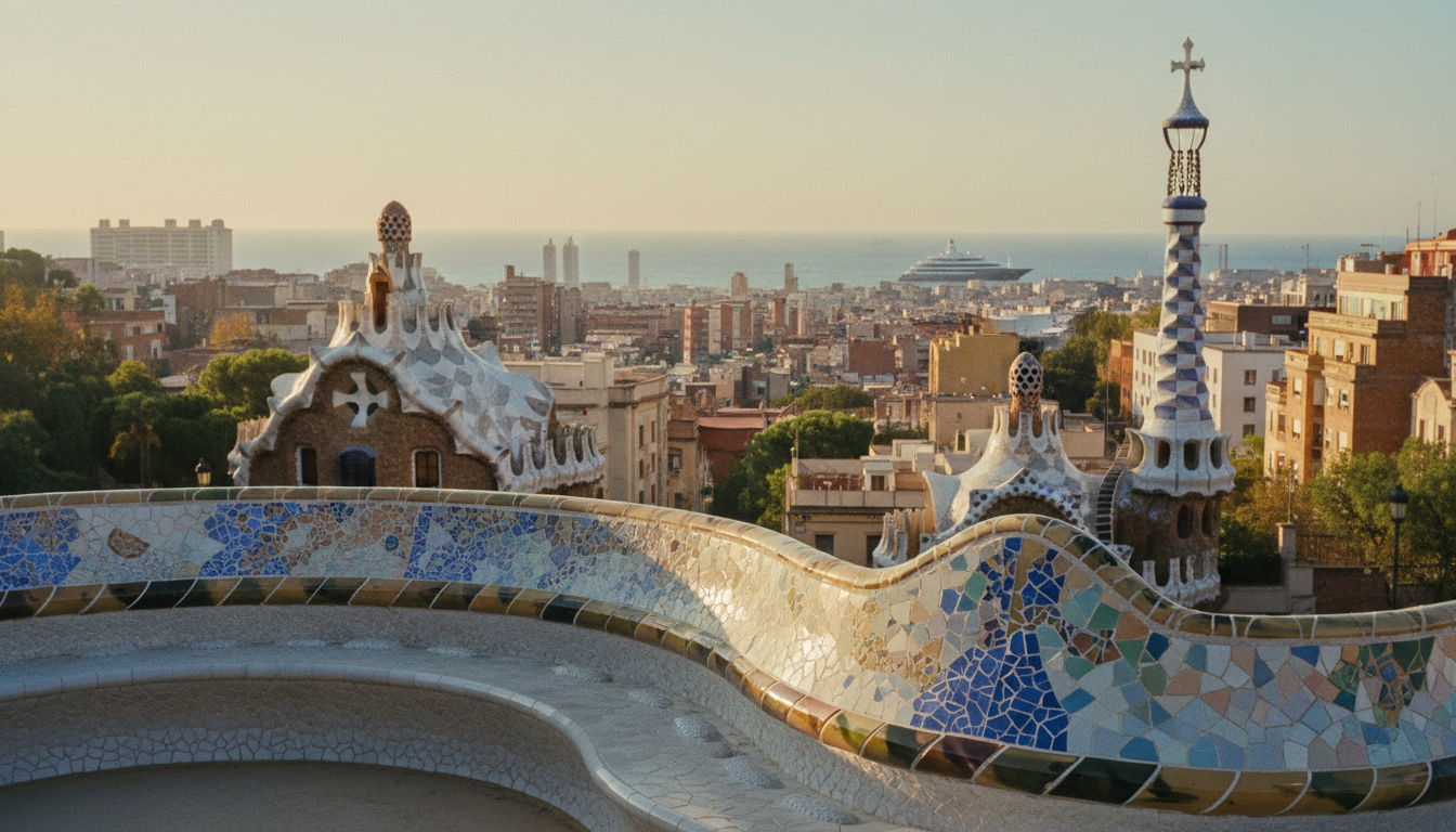 Park Güell Barcelona: Gaudís bunte Mosaikbank im Vordergrund, Yacht auf dem Meer bei Goldstunde