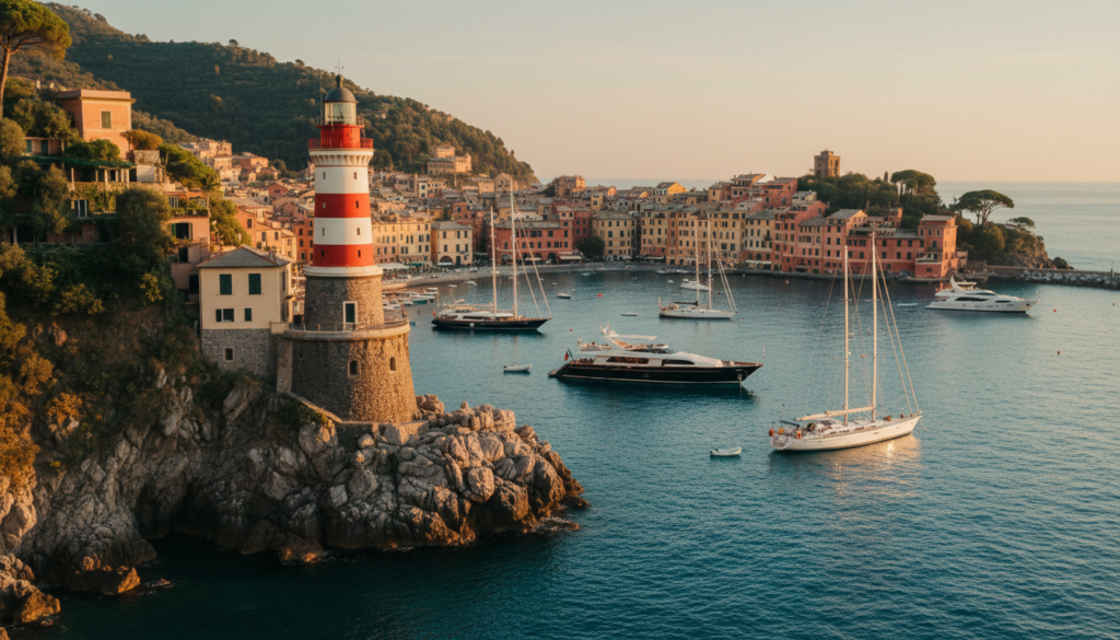 Portofino Leuchtturm auf felsiger Klippe bei goldenem Abendlicht, Yachten in türkisfarbener Bucht