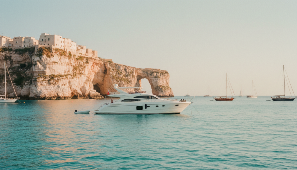 Weiße Luxusyacht ankert in türkisklarem Wasser vor den dramatischen Kalkklippen von pplignano a mare bei Sonnenuntergang.