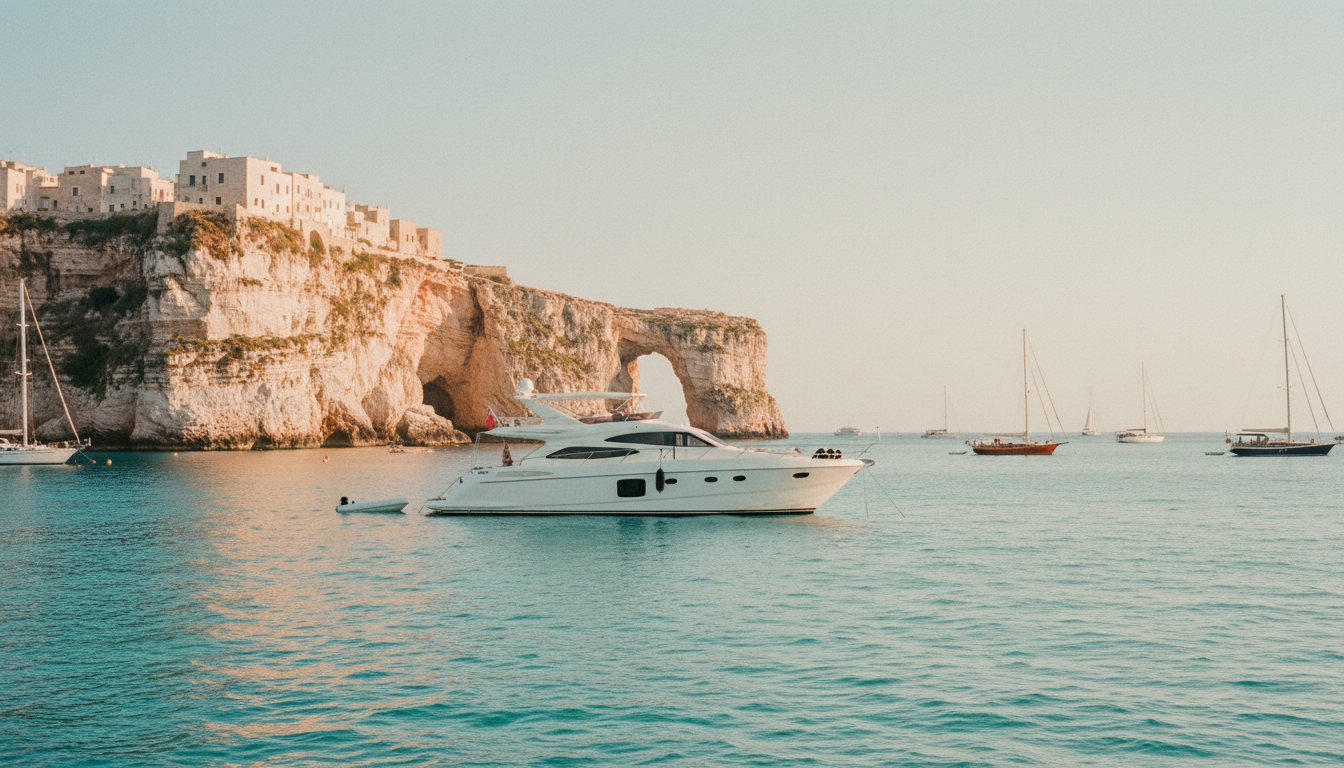 Weiße Luxusyacht ankert in türkisklarem Wasser vor den dramatischen Kalkklippen von pplignano a mare bei Sonnenuntergang.