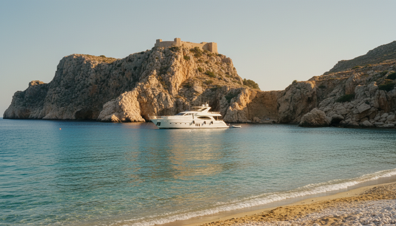 Luxusyacht in türkisblauer Bucht bei Rhodos mit Klippen und Festungsmauern – praktische rhodos tipps