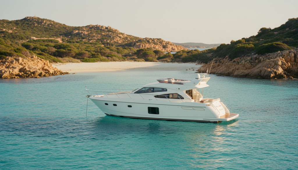 Weiße Luxusyacht ankert in türkisfarbener Bucht bei San Teodoro Sardinien, goldenes Abendlicht über weißem Sand und Felsen.