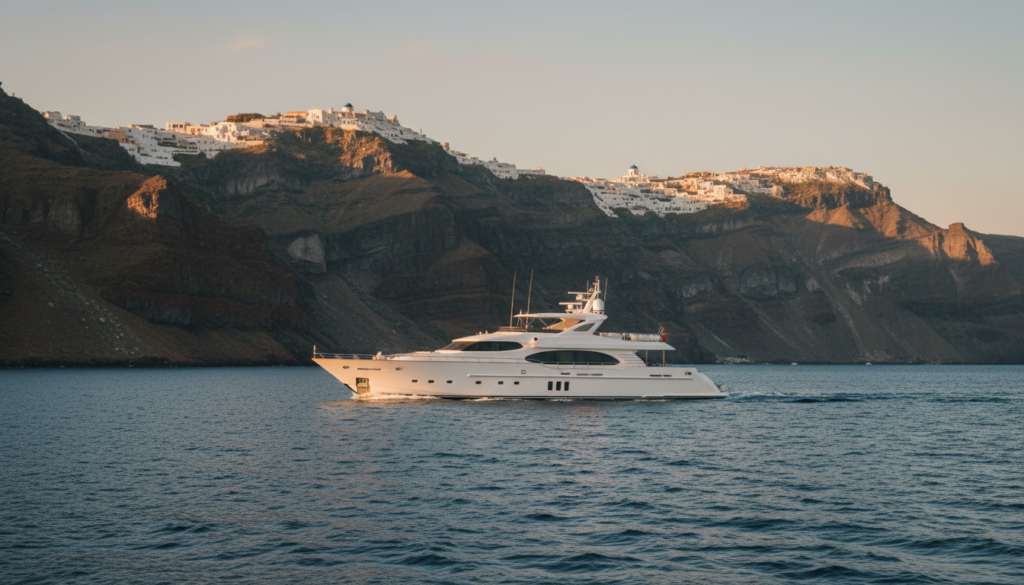 Luxusyacht segelt durch die Santorini Caldera vor Oias weißen Häusern im goldenen Abendlicht.