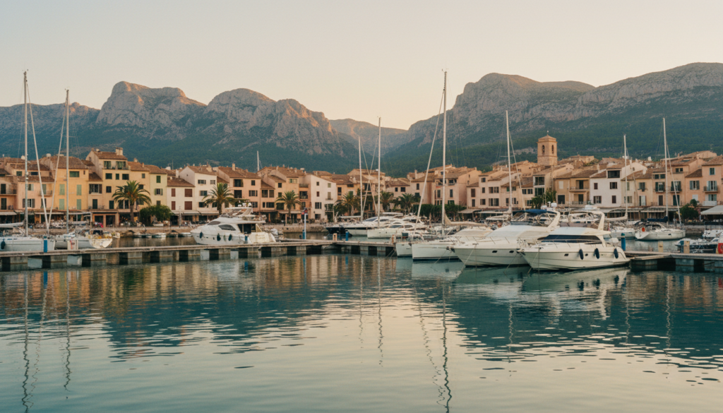 soller hafen: Luxusjachten und Segelboote am Holzsteg, türkisblaues Wasser, Tramuntana im Abendlicht