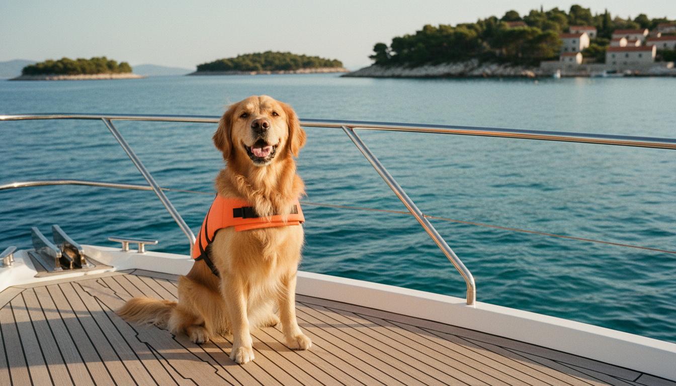 Glücklicher Golden Retriever in Rettungsweste auf Yachtdeck vor kroatischer Küste – Urlaub Kroatien mit Hund genießen