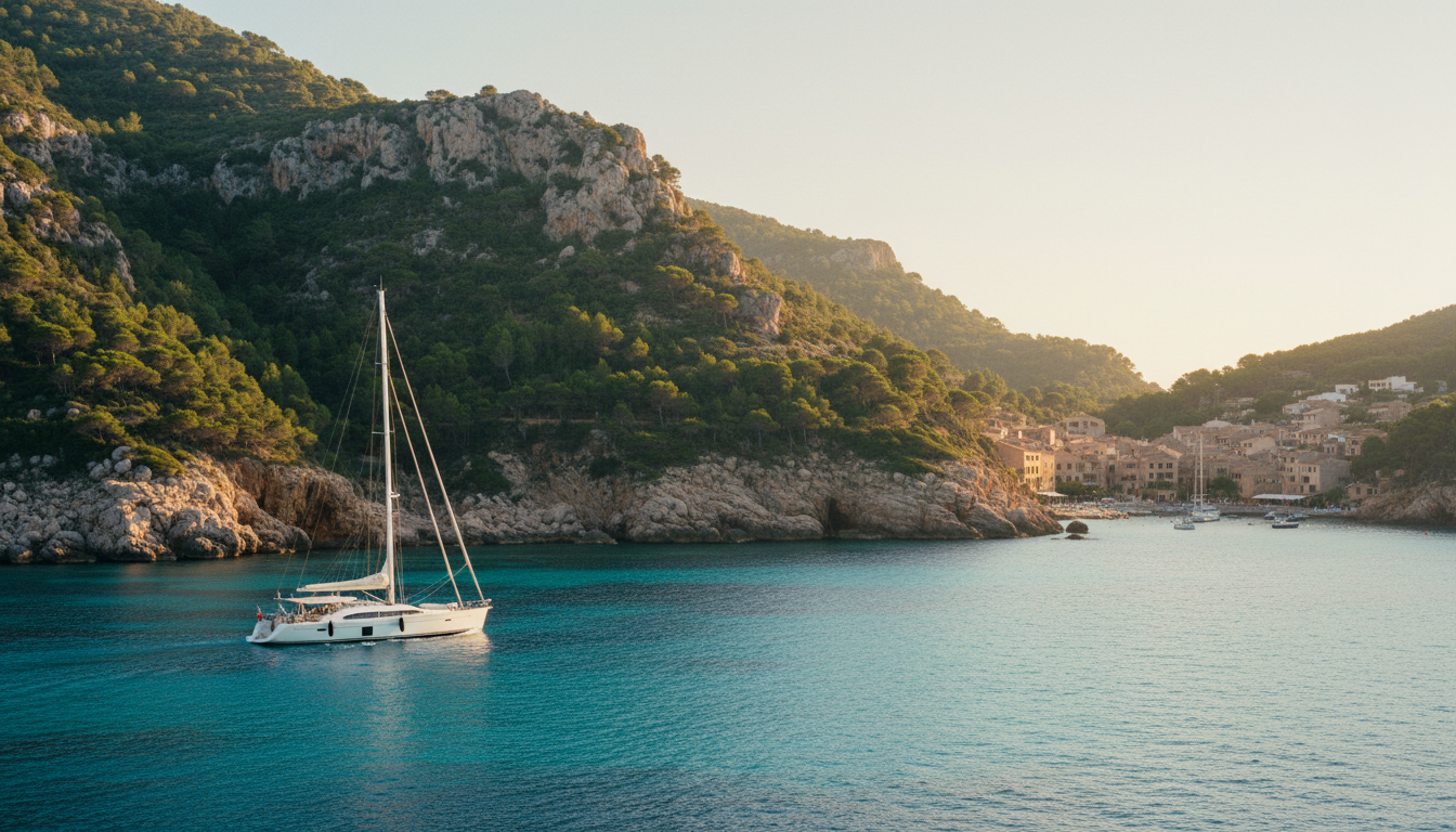 Luxusyacht segelt vor steilen Klippen und tuerkisfarbenem Meer bei Valldemossa Mallorca, pittoresker Hafen im Hintergrund.