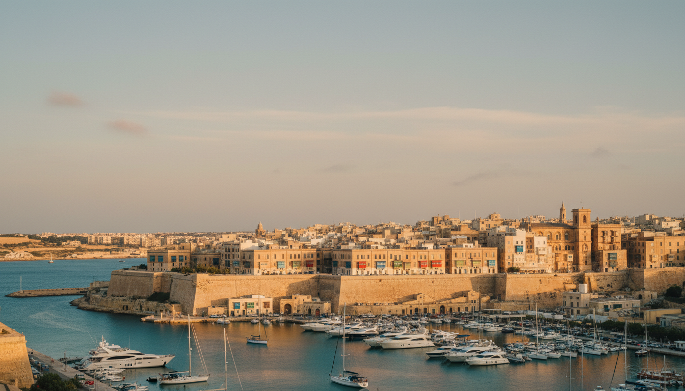 Valletta Altstadt: Bunte Balkone und Kalksteinbauten am Grand Harbour, Yachten im türkisblauen Wasser, warmer Filmlook